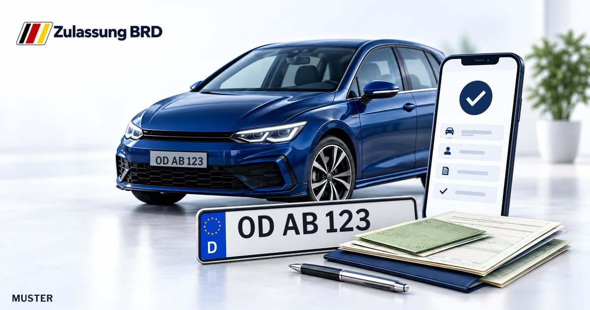 Online Fahrzeugzulassung in Barsbüttel: Musterkennzeichen OD AB 123, Auto und Fahrzeugpapiere und Smartphone. Illustration mit Logo von Zulassung BRD.